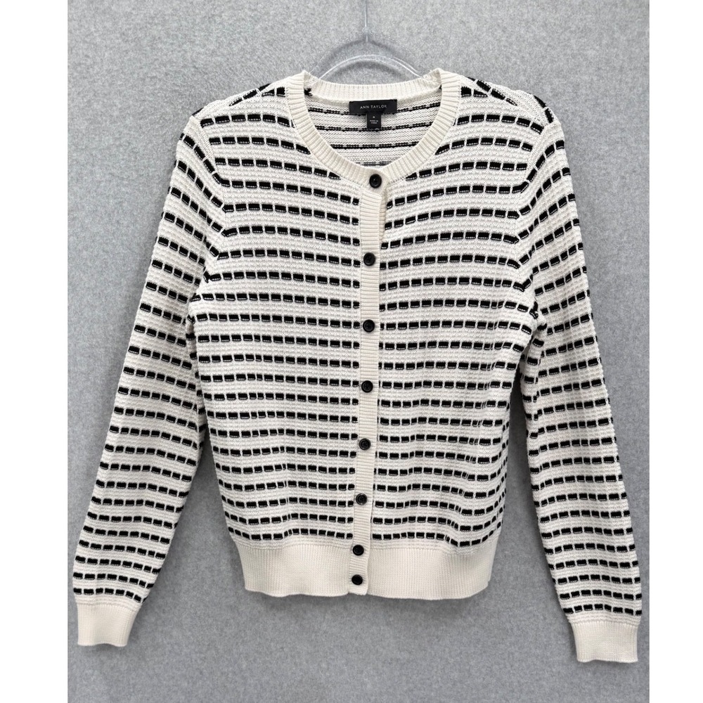 Ann Taylor Cardigan Women Size M White Black Striped Textured Cotton Knit Button